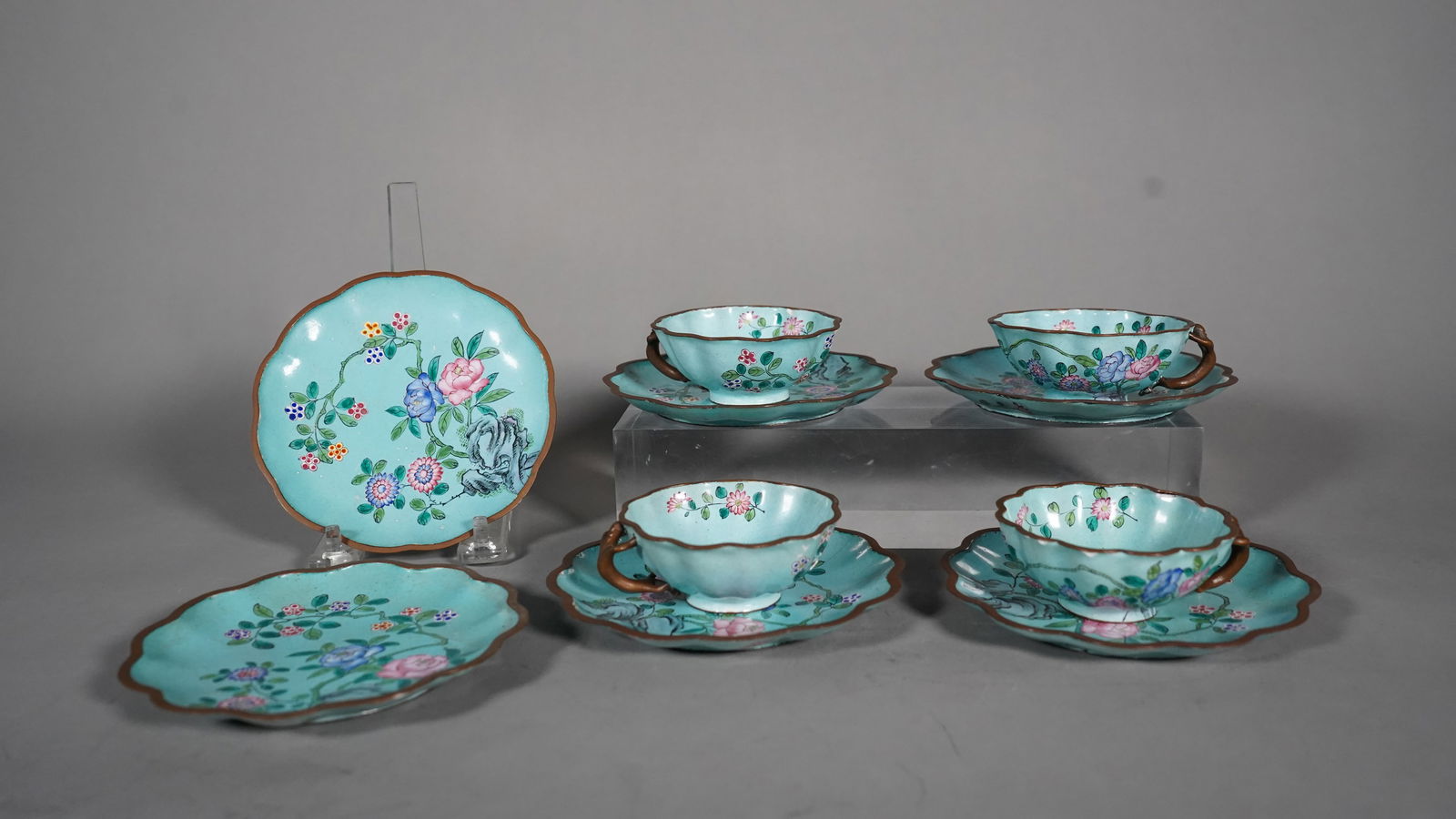 Set of 10 Vintage Hand-Painted Floral Enamel Copper Tea Cups & Saucers (1 of 7)