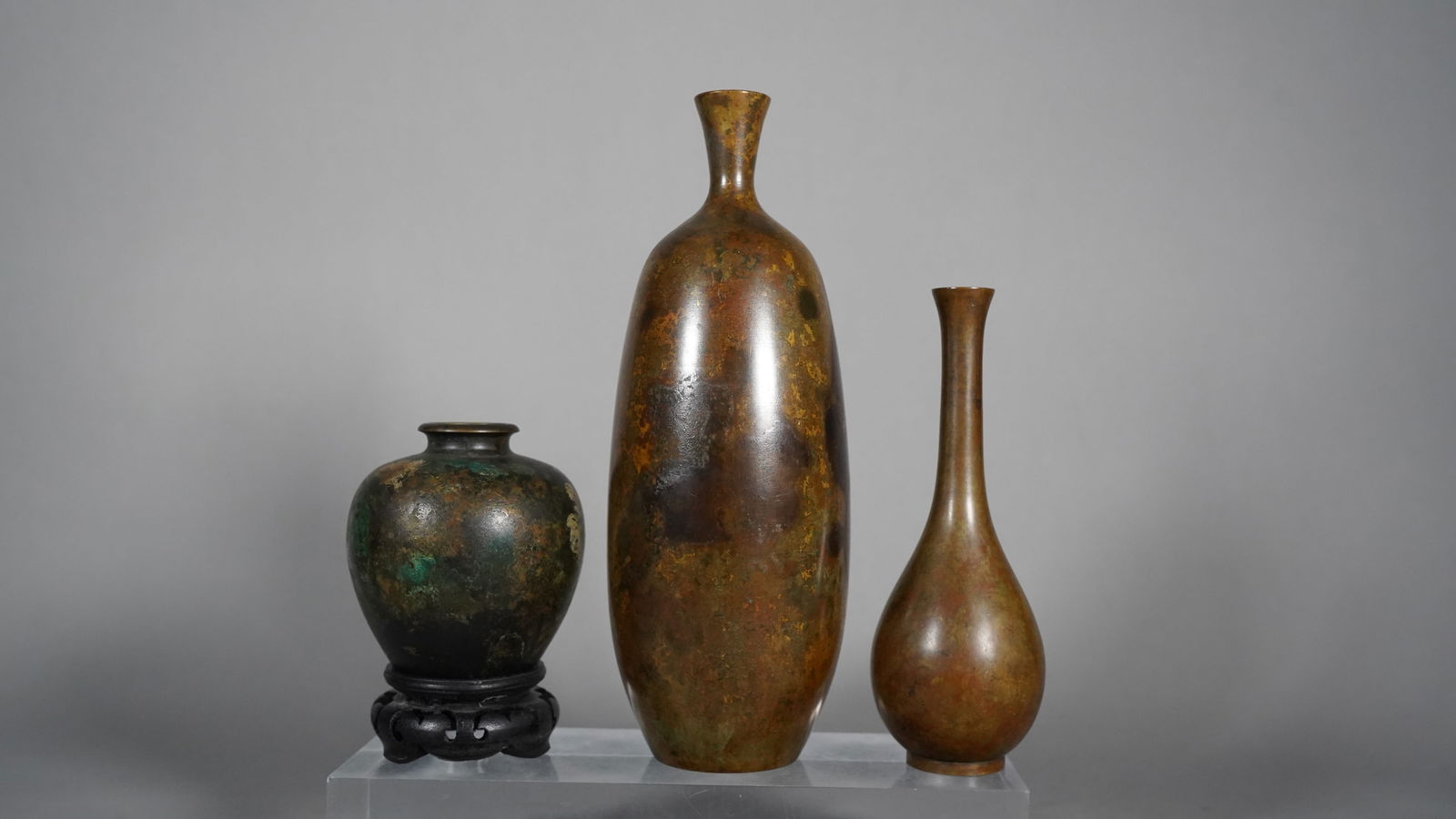 3 Old Japanese Ikebana Bronze Patina Patinaed Vases (1 of 6)