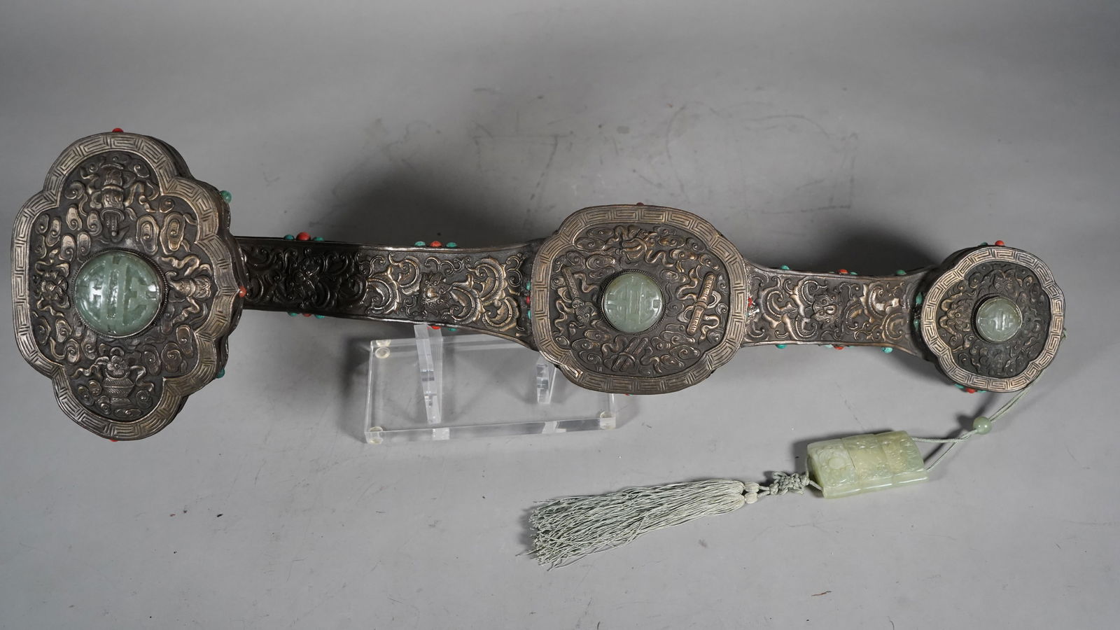 Rare Large Old Ceremonial Chinese Buddhist Ruyi Scepter with Jade & Gemstones Inlaid (1 of 7)