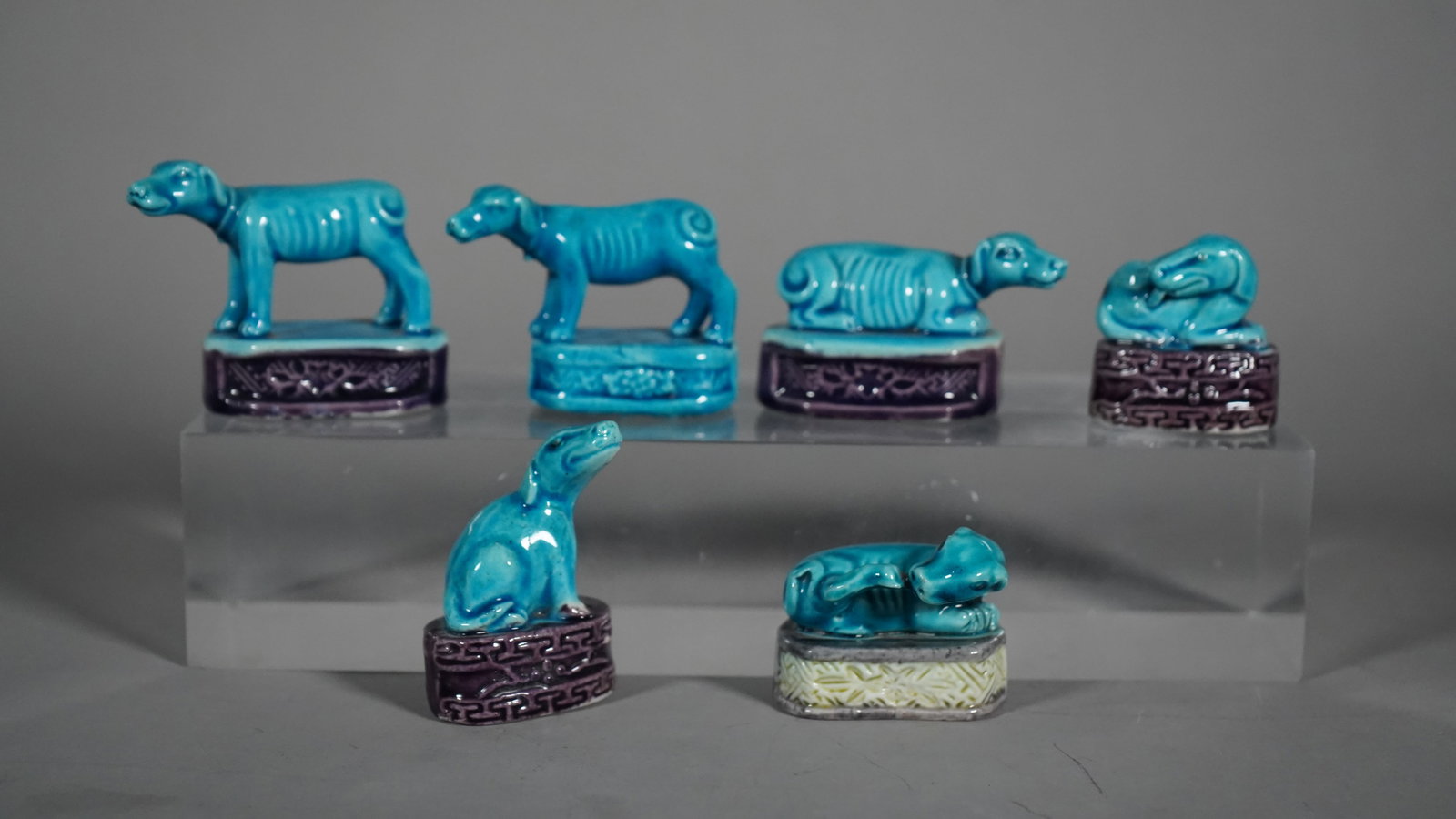 Group of 6 Vintage Blue Turquoise Porcelain Chinese Mud Dog Figurines, Stamped (1 of 9)