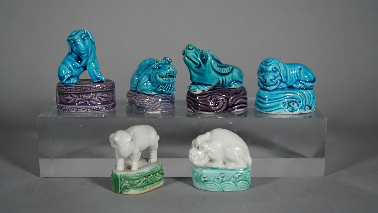Group of 6 Vintage Chinese Blue Turquoise & White Glazed Porcelain Animal Statues (1 of 7)