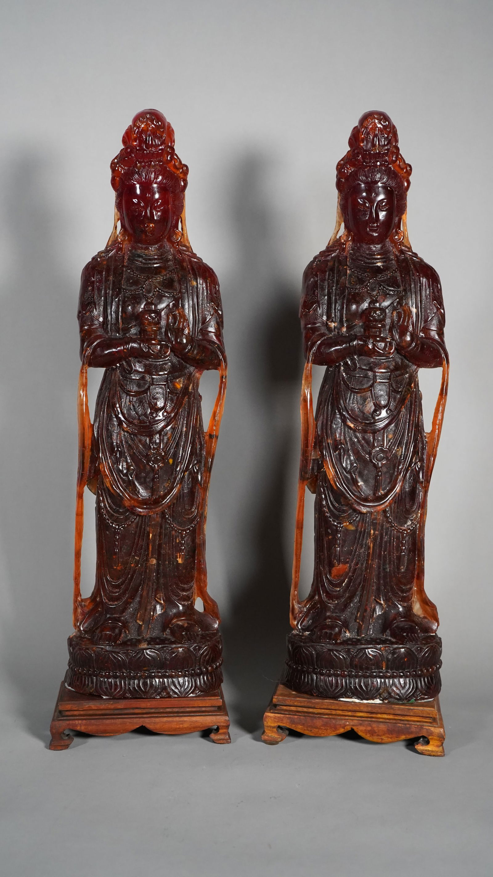 Rare Large Pair Chinese Amber Carved Figures Statue with Wood Stand (1 of 13)