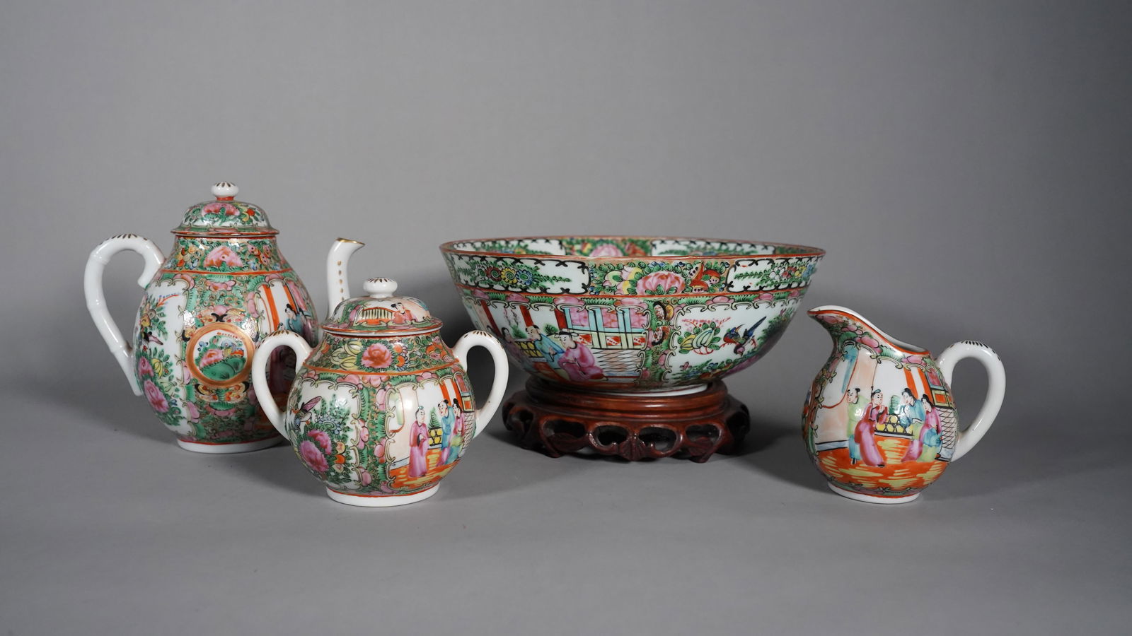 Set of 4 Antique Chinese Famille Rose Porcelain Bowl & Lidded Tea Set (1 of 7)