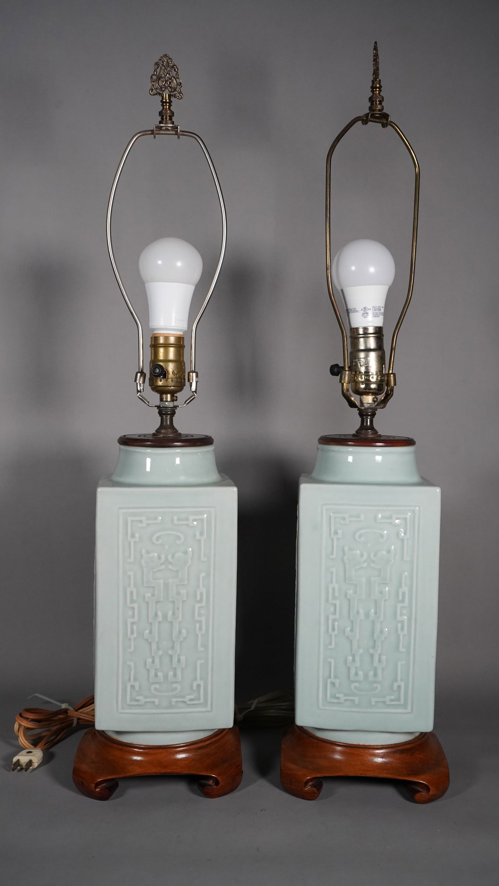Pair Of Vintage Chinese Celadon Glazed Porcelain Vases Made as Table Lamp on Wooden Base (1 of 8)
