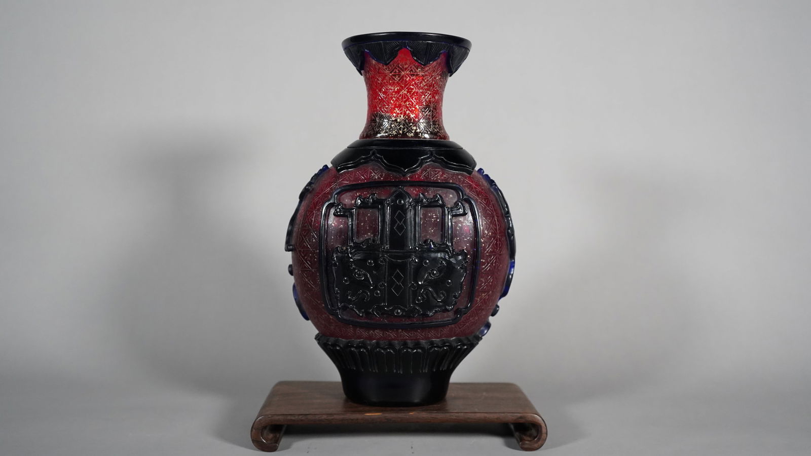 "Qianlong" Marked Antique Chinese Red & Black Peking Glass Vase with Gold Overlay (1 of 6)