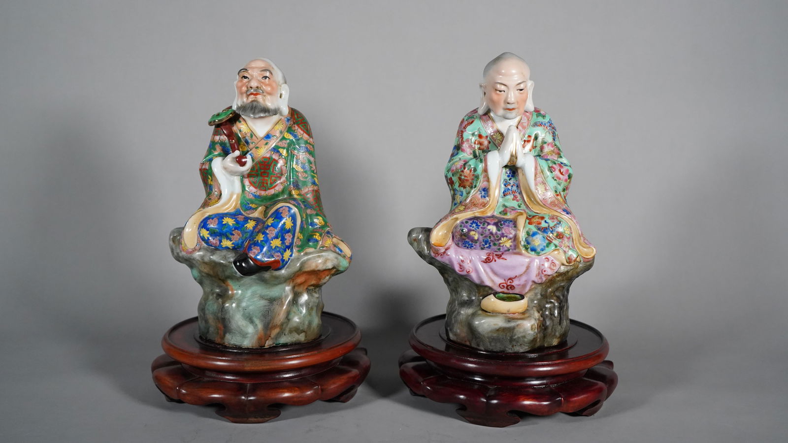 Two Old Famille Rose Gilt Porcelain Asian Figure Statues with Stamp (1 of 12)