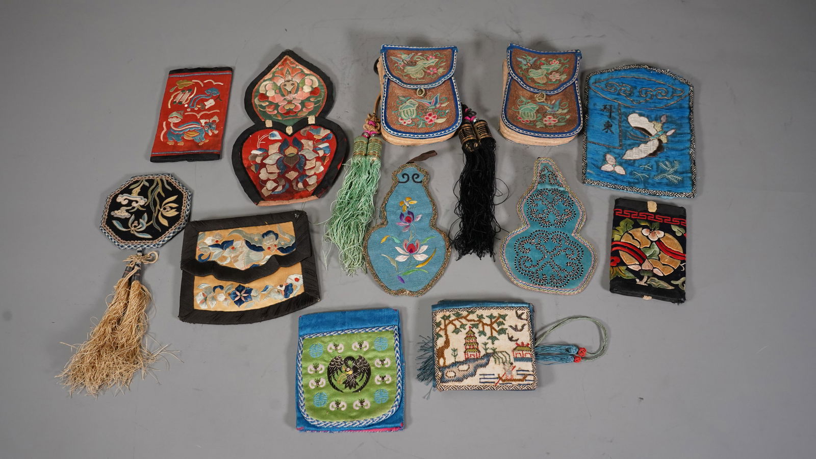 Group of 13 Chinese Antique Embroideries Mini Bags/Purses (1 of 6)