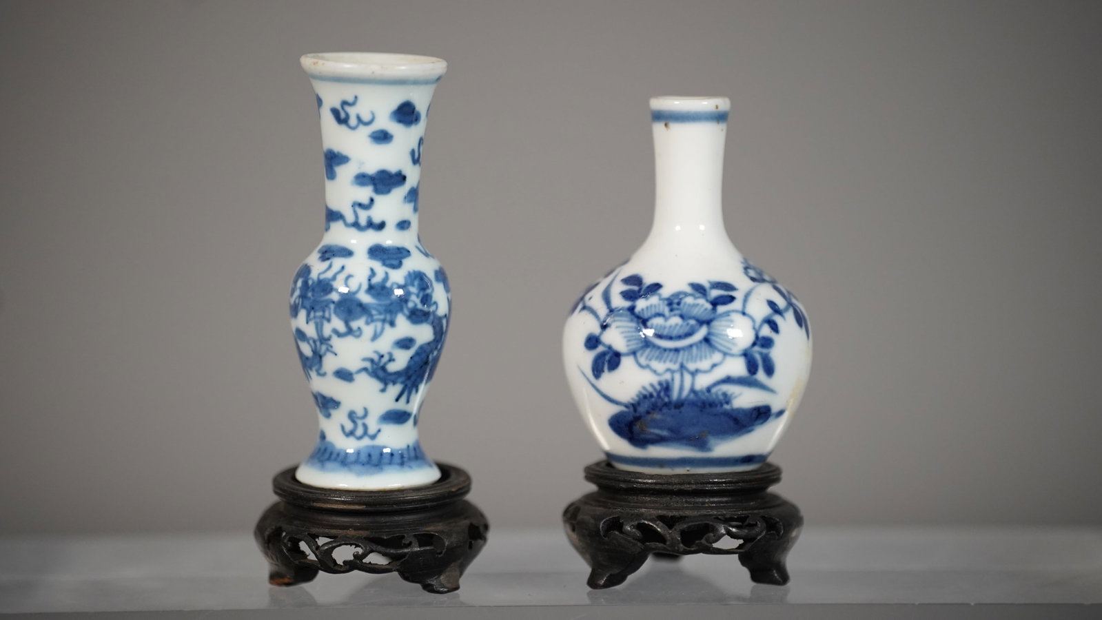 Two Antique Chinese Blue & White Porcelain Mini Vases: Two Antique Chinese Blue & White Porcelain Mini Vases. Flower vase height 2"3/4, body wide 2"; Dragon vase with "Chenghua" marked, height 3". Excellent condition. (wooden stand included)