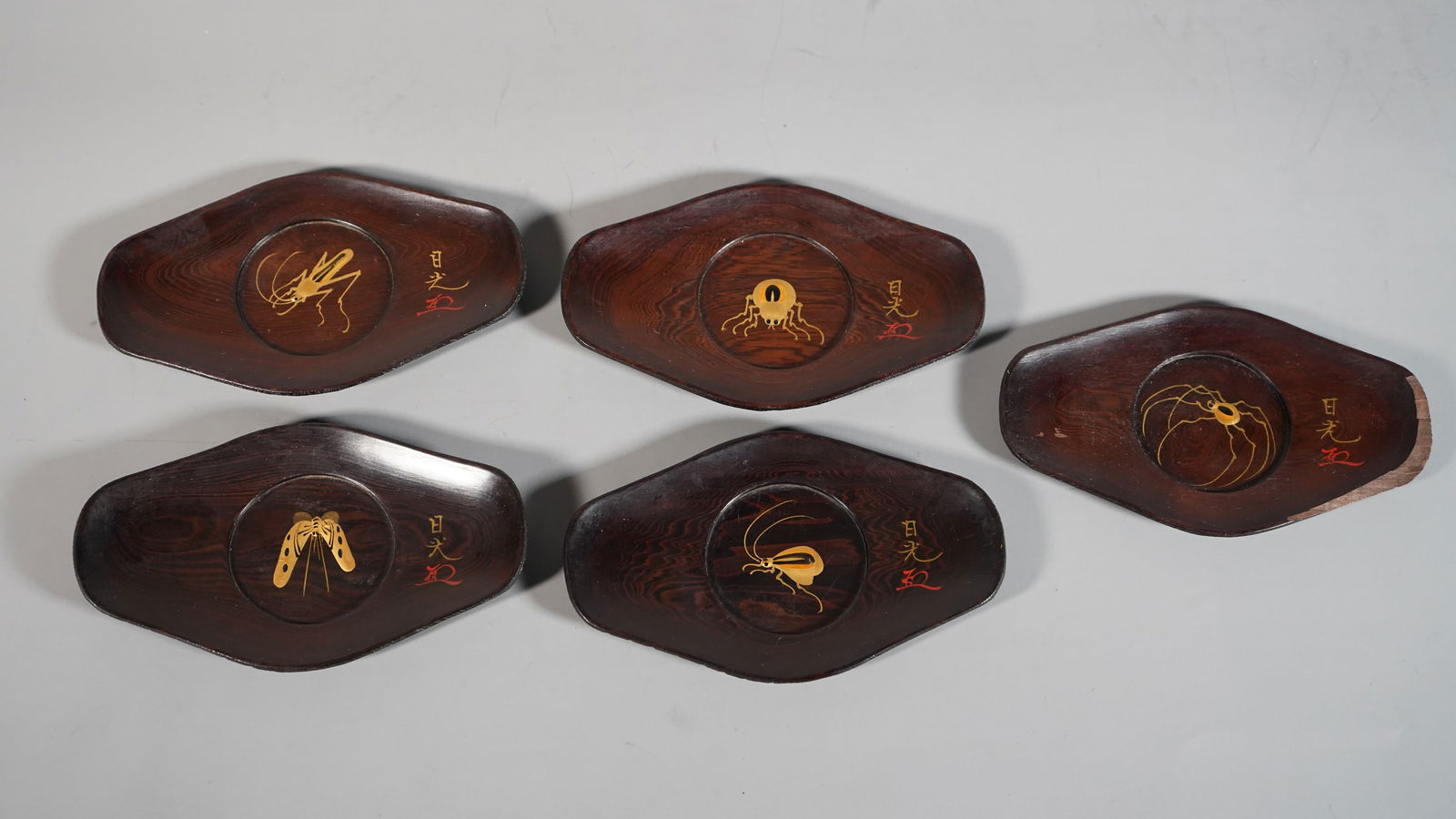 Set of Five Exquisite Vintage Japanese Wood Oval Cup Holders/Saucers (1 of 6)