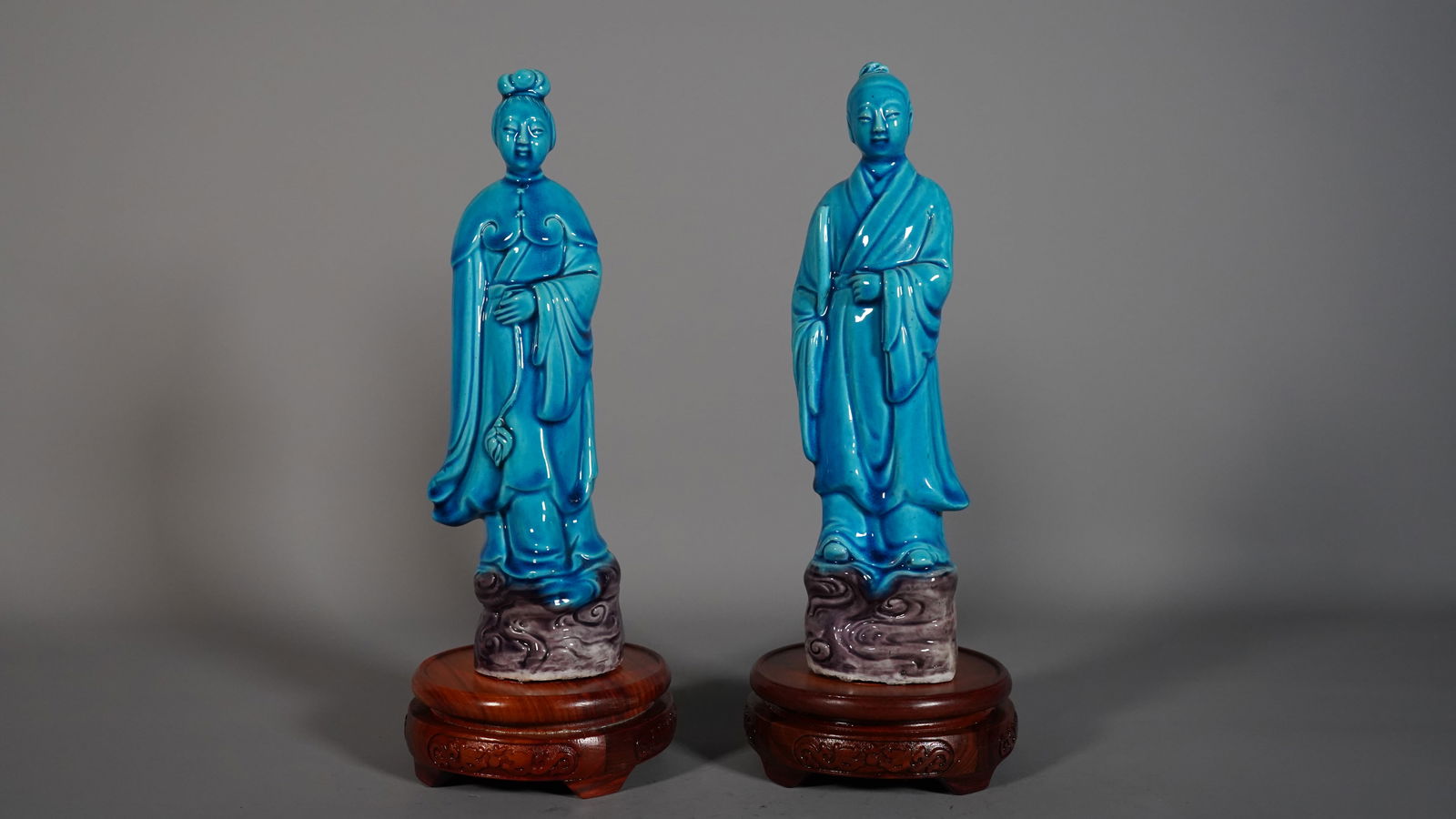 Two Antique Chinese Blue Turquoise Glazed Ceramics Figurine Statues (1 of 6)