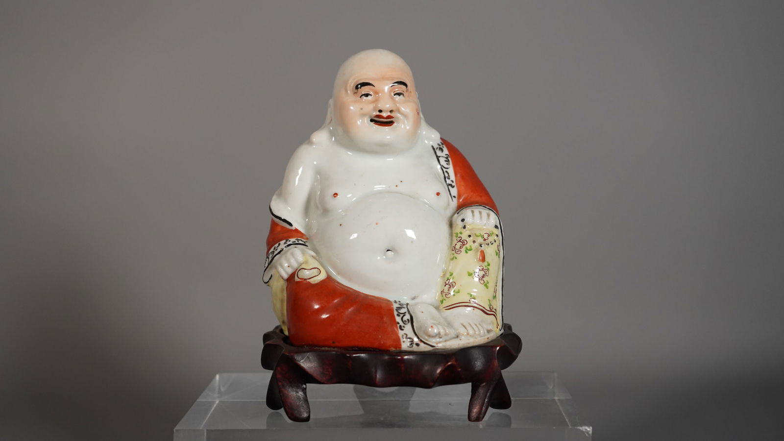 Antique Chinese Famille Rose Ceramic Happy Buddha Figure Statue on Wooden Stand (1 of 6)