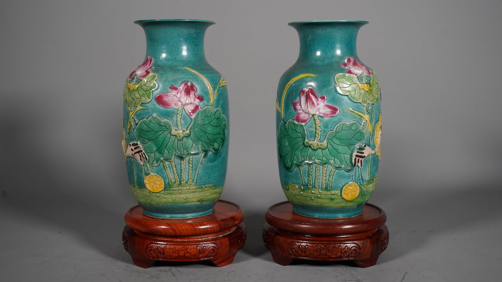 Pair of Antique Chinese Turquoise Glazed Porcelain Vases with Relief Crane & Lotus (1 of 6)