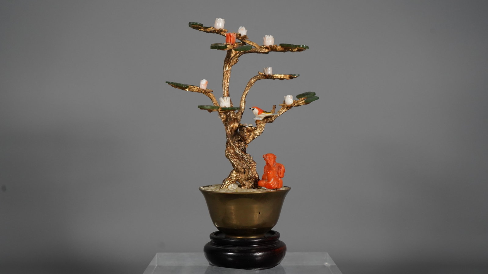 Rare Lovely Vintage Gold Bonsai Tree with Jade Leaves, Bone Bird, Coral Carved Figure, Tulip: Rare Lovely Vintage Gold Bonsai Tree with Jade Leaves, Bone Bird, Coral Carved Figure & Tulip Magnolia on Stand. Jade Leaf, Coral Tulip Magnolia, Single bone carved bird, Nest & pearl eggs and Red cor