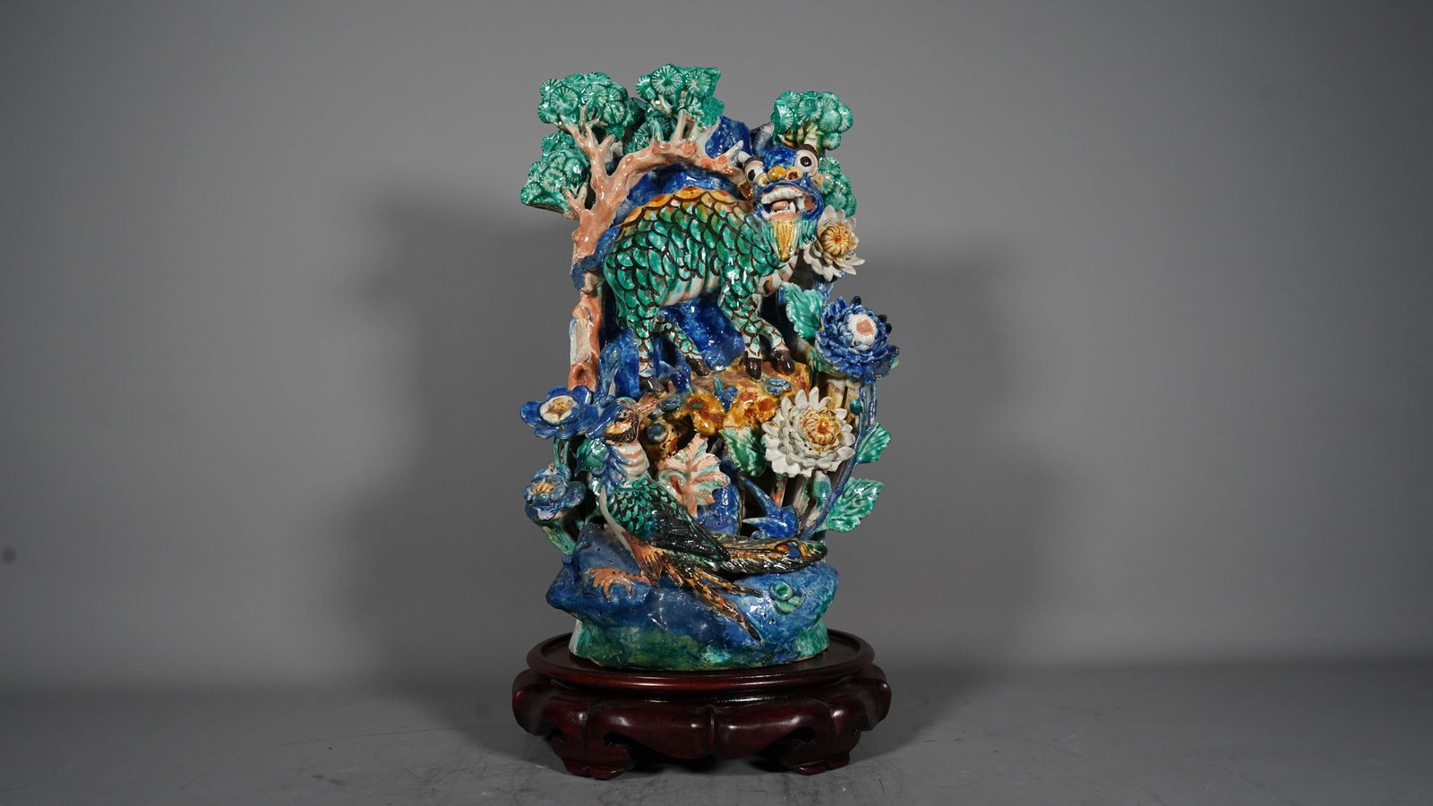 Old Antique Chinese Ceramic Pottery Relief Sculpture with Kirin, Phoenix and Flowers (1 of 6)