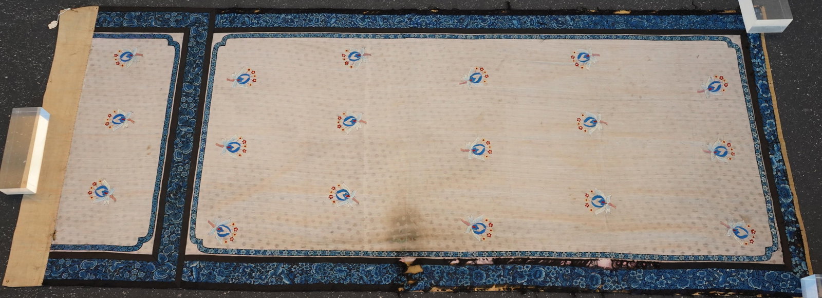 Amazing Large Beautiful Antique Chinese Flowers Silk Embroidery: Amazing Large Beautiful Antique Chinese Flowers Silk Embroidery. Used for curtain or door curtain. Good condition for its age, wear consistent with age and use. 80" x 32"