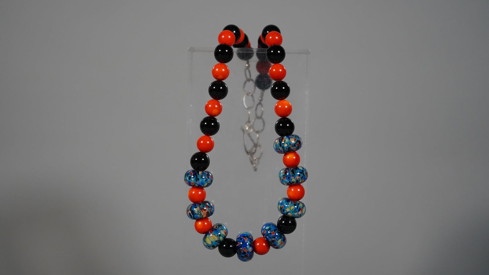 925 Silver Chain Necklace Designed with Red Coral, Multicolor Glass & Black Stone Beads (1 of 6)