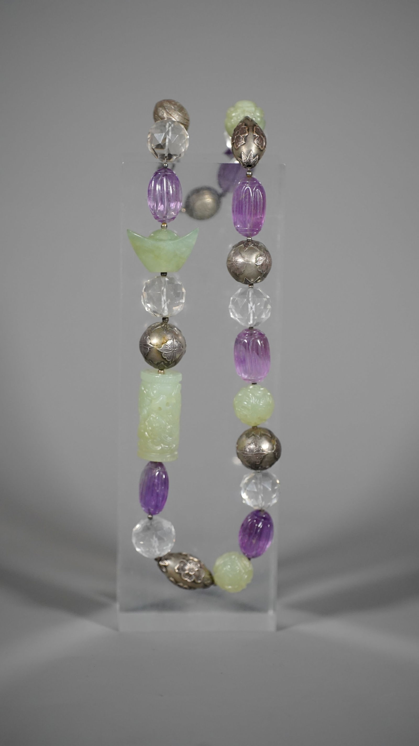 Stunning Vintage Customized Necklace with Hand-Carved Green Jade, Amethyst, White Crystal & Silver (1 of 6)