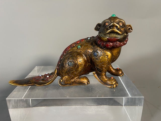 Old Chinese Copper Feng Shui Foo Dog Lion Beast Lucky Statue Sculpture with Muti Gemstones embedded (1 of 7)
