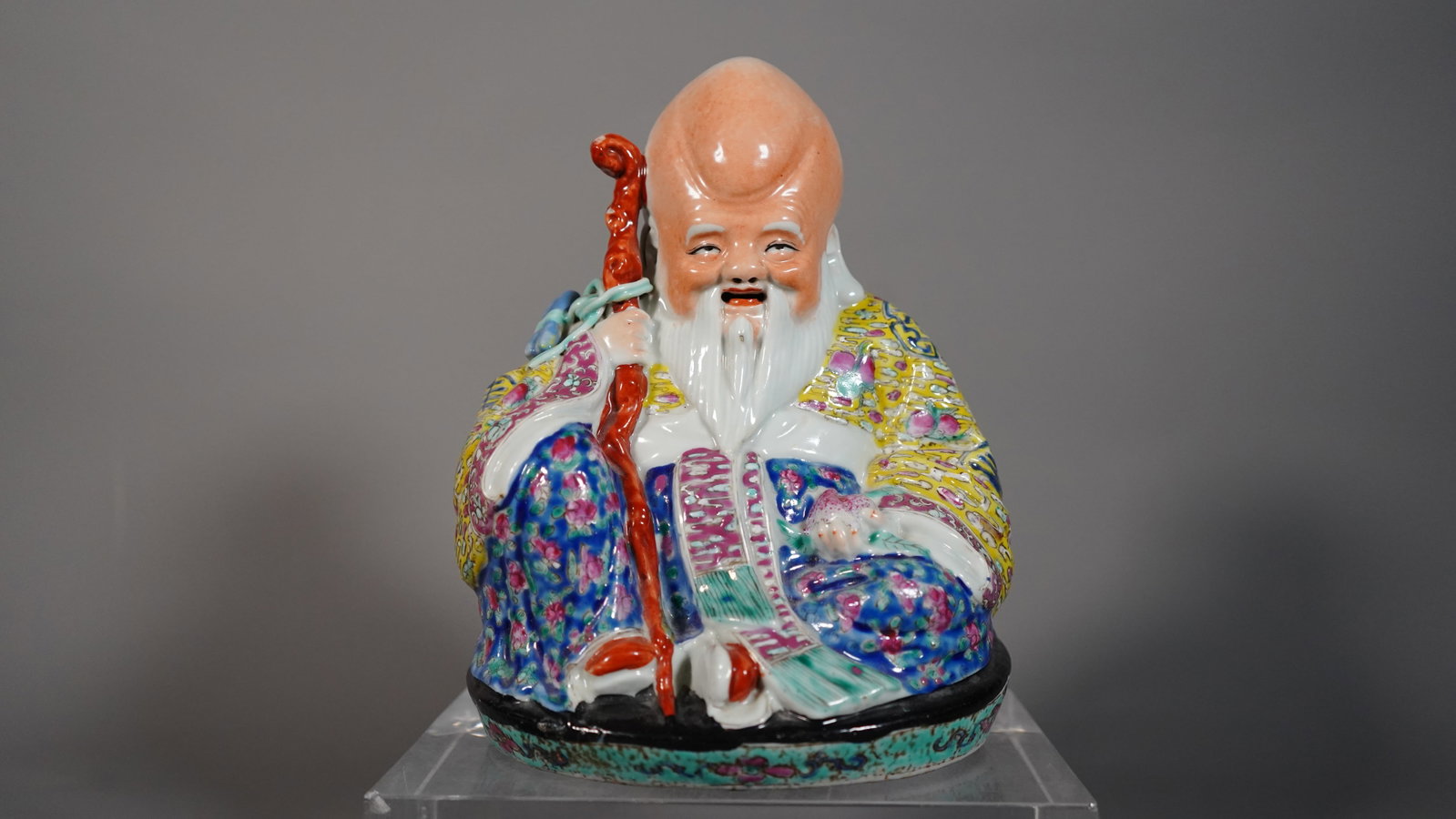 Antique Chinese Famille Rose Ceramic Immortal "SHOU" Figure Statue with Maker Stamp: Antique Chinese Famille Rose Ceramic Immortal "SHOU" Figure Statue with Maker Stamp. Measure approx.: 8"H x 6"1/2W x 5"D, In good condition, (Stand Not Included)