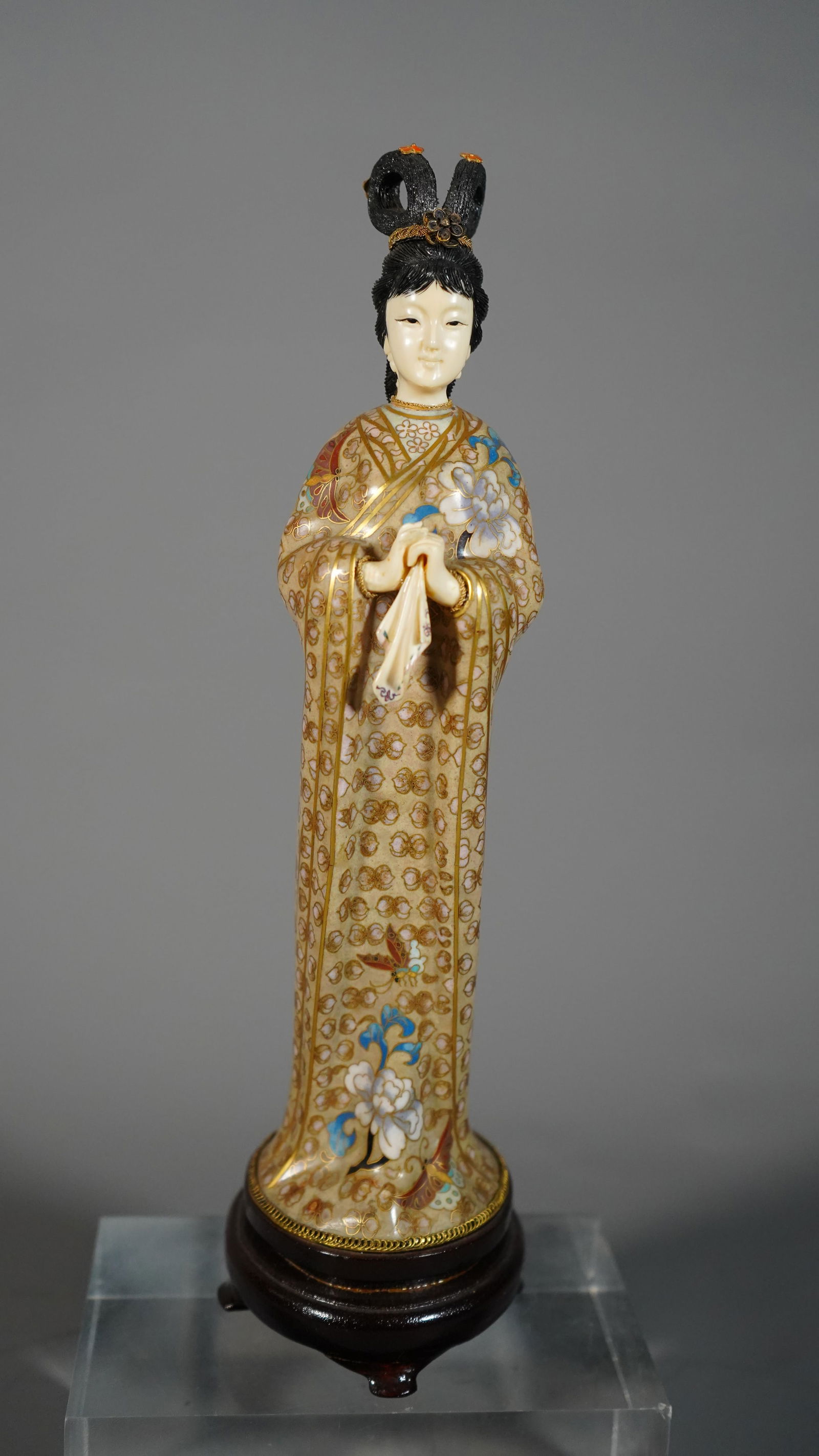 Vintage Chinese Cloisonne Enamel Elegant Woman Figure Statue on Wood Stand (1 of 6)