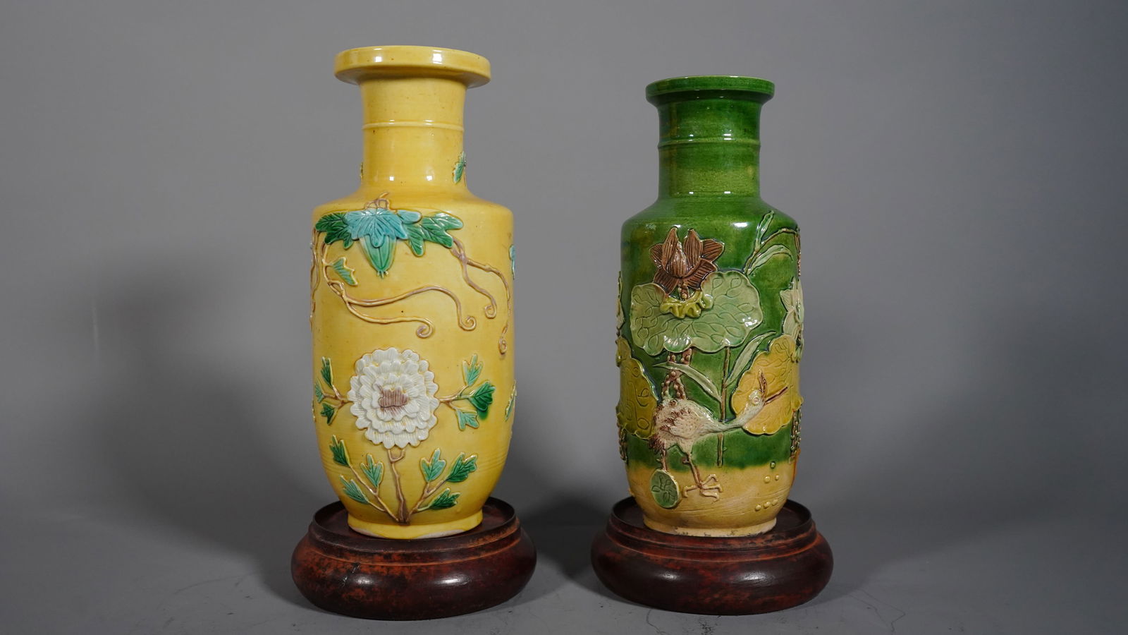 Two Antique Chinese Green & Mustard Yellow Ceramic Pottery Vases with Relief Flowers (1 of 6)