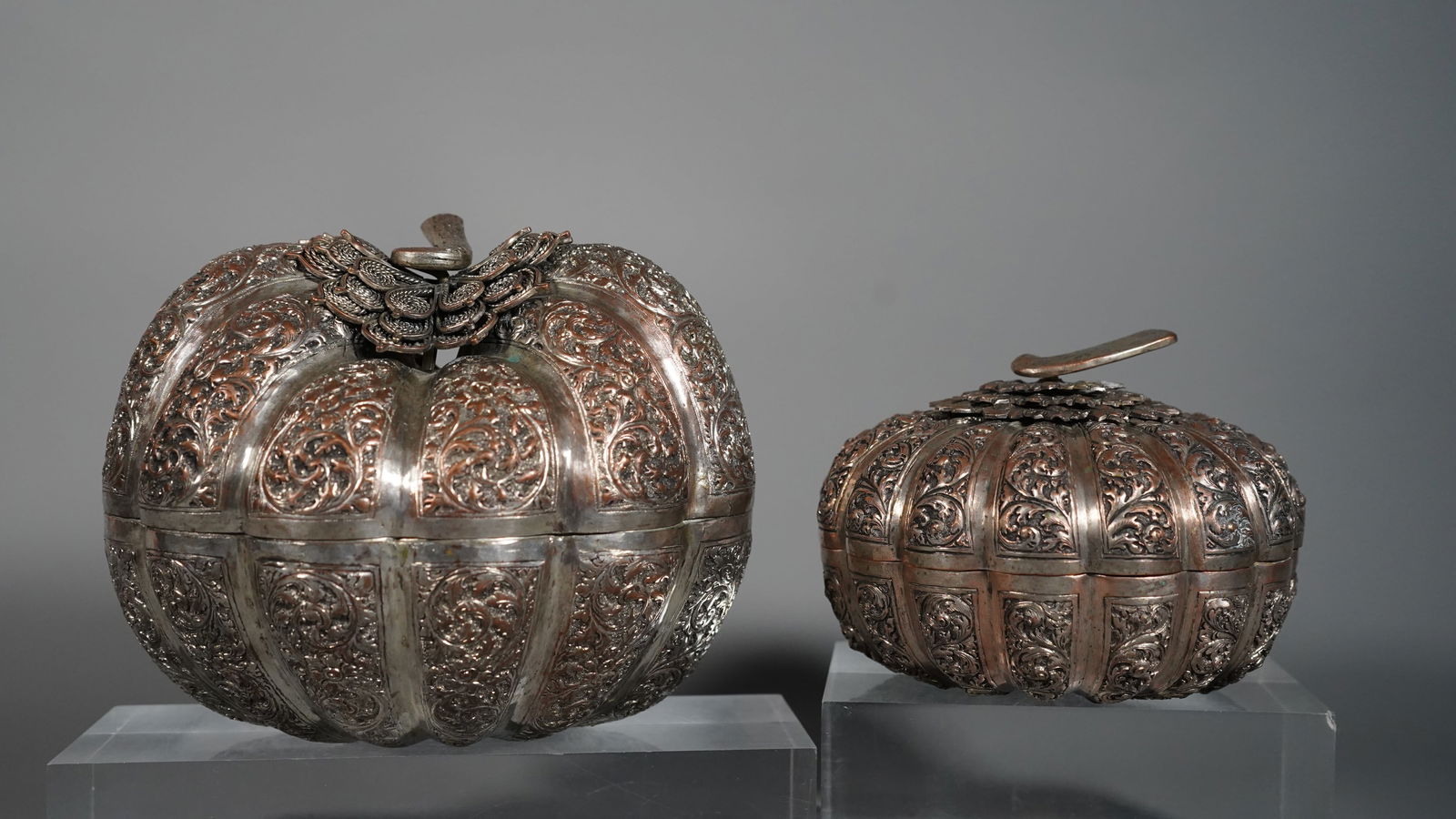 Two Vintage Oriental Figural Silver Metal Pumpkin Shaped Wedding Trinket Boxes (1 of 6)