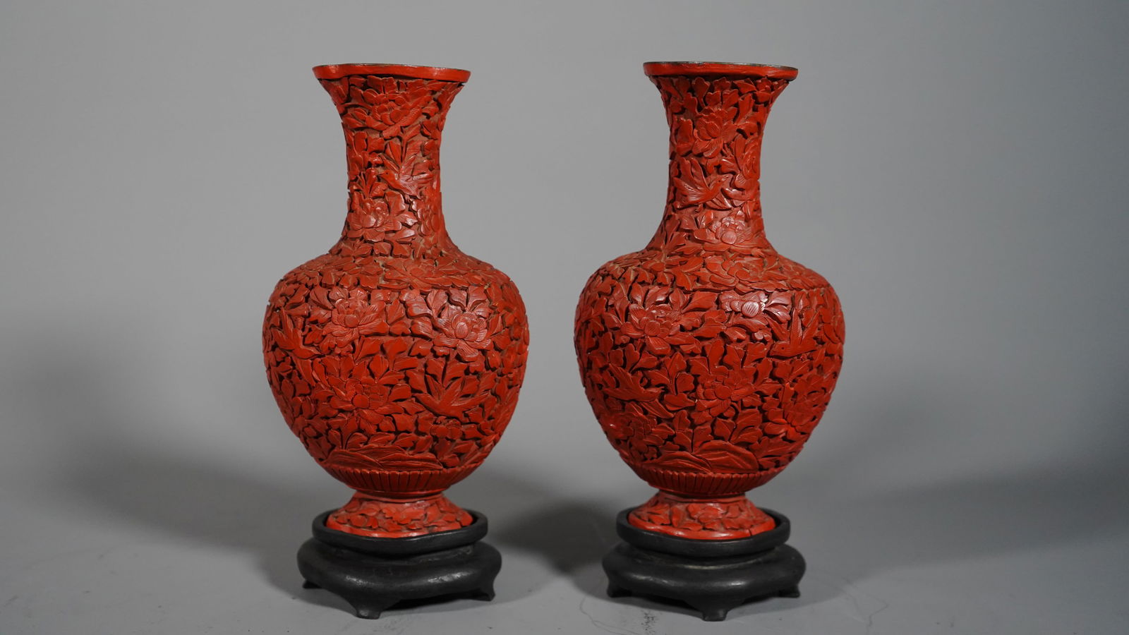 Pair of Antique Chinese Carved Red Cinnabar Lacquered Vases with Fitted Wood Stand (1 of 6)