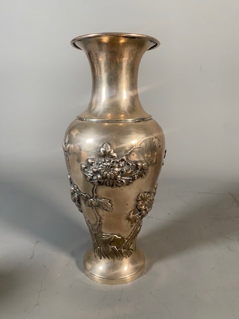 Rare Exquisite Antique Signed Japanese Sterling Silver Vase with Chrysanthemum Relief & Maker Stamp (1 of 11)