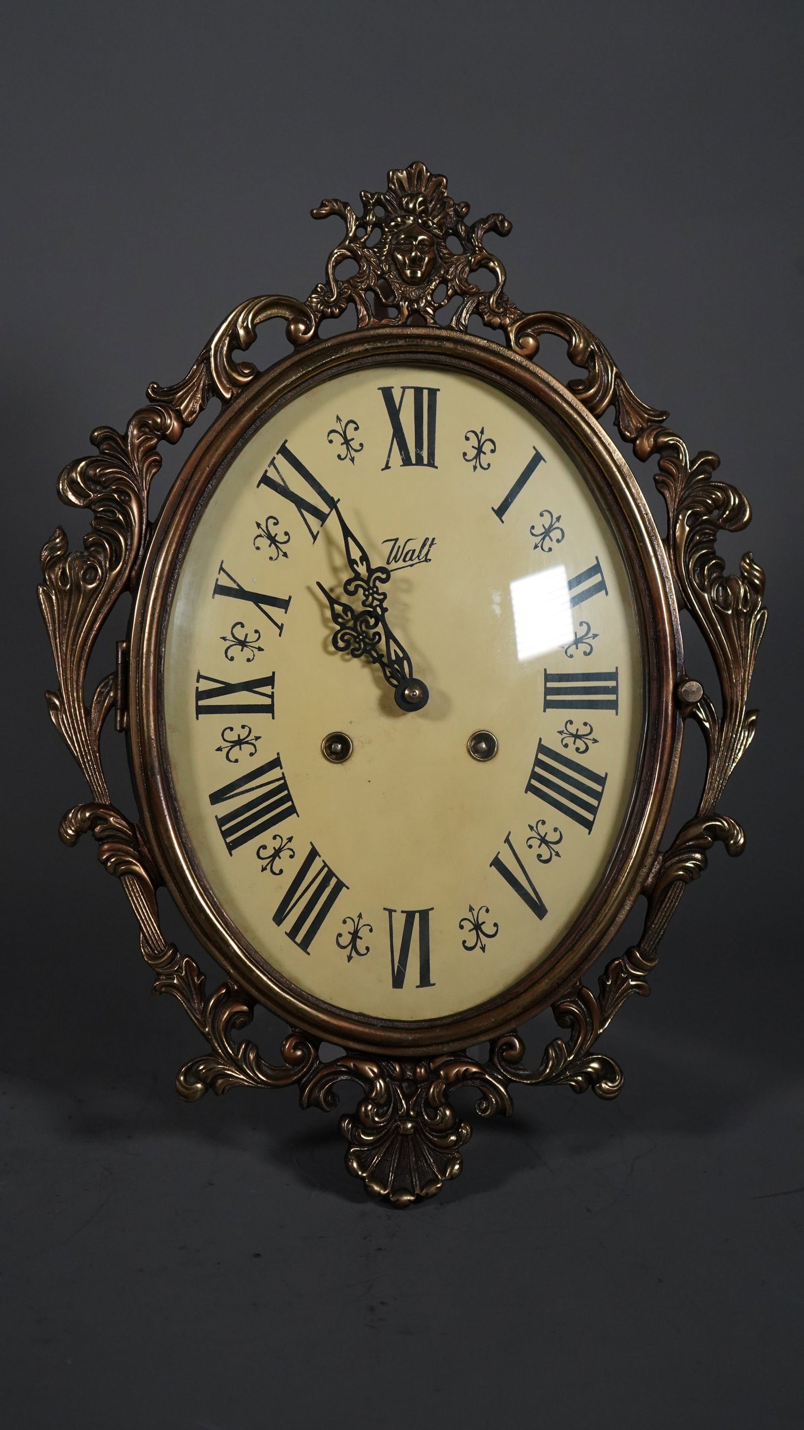Antique Walt Luxury Gold Brass Wall Clock: Antique Walt Luxury Gold Brass Wall Clock. Measure approx. 14"H x 10"W, Key included, Overall in good condition, (Stand Not Included)