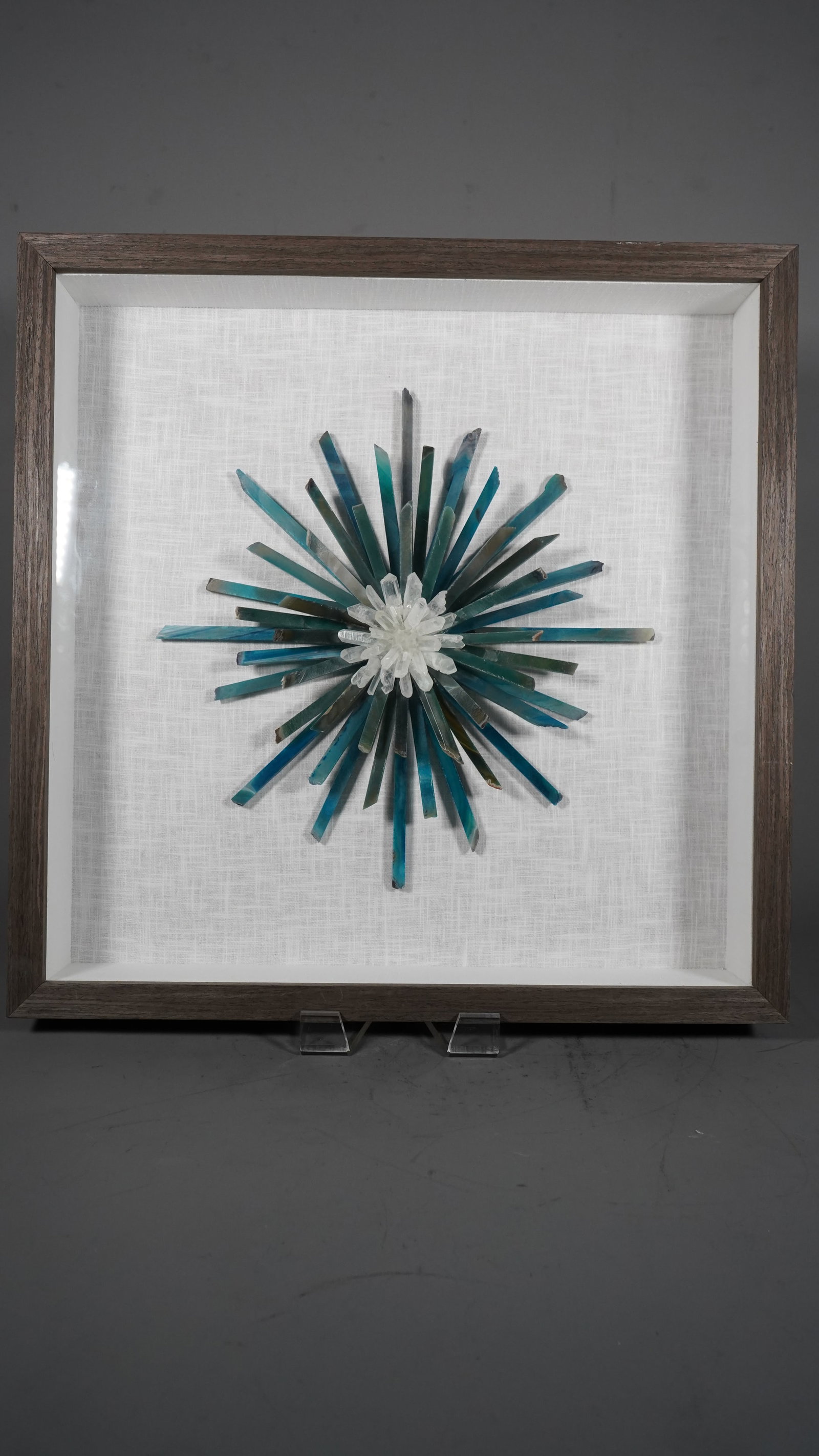 Amazing Framed Handmade Natural Blue & White Energy Crystal Wands/Sticks Wall Deco: Amazing Framed Handmade Natural Blue & White Energy Crystal Wands/Sticks Wall Deco. 21"3/4L x 21"3/4W x 3"D. (Stand Not Included)