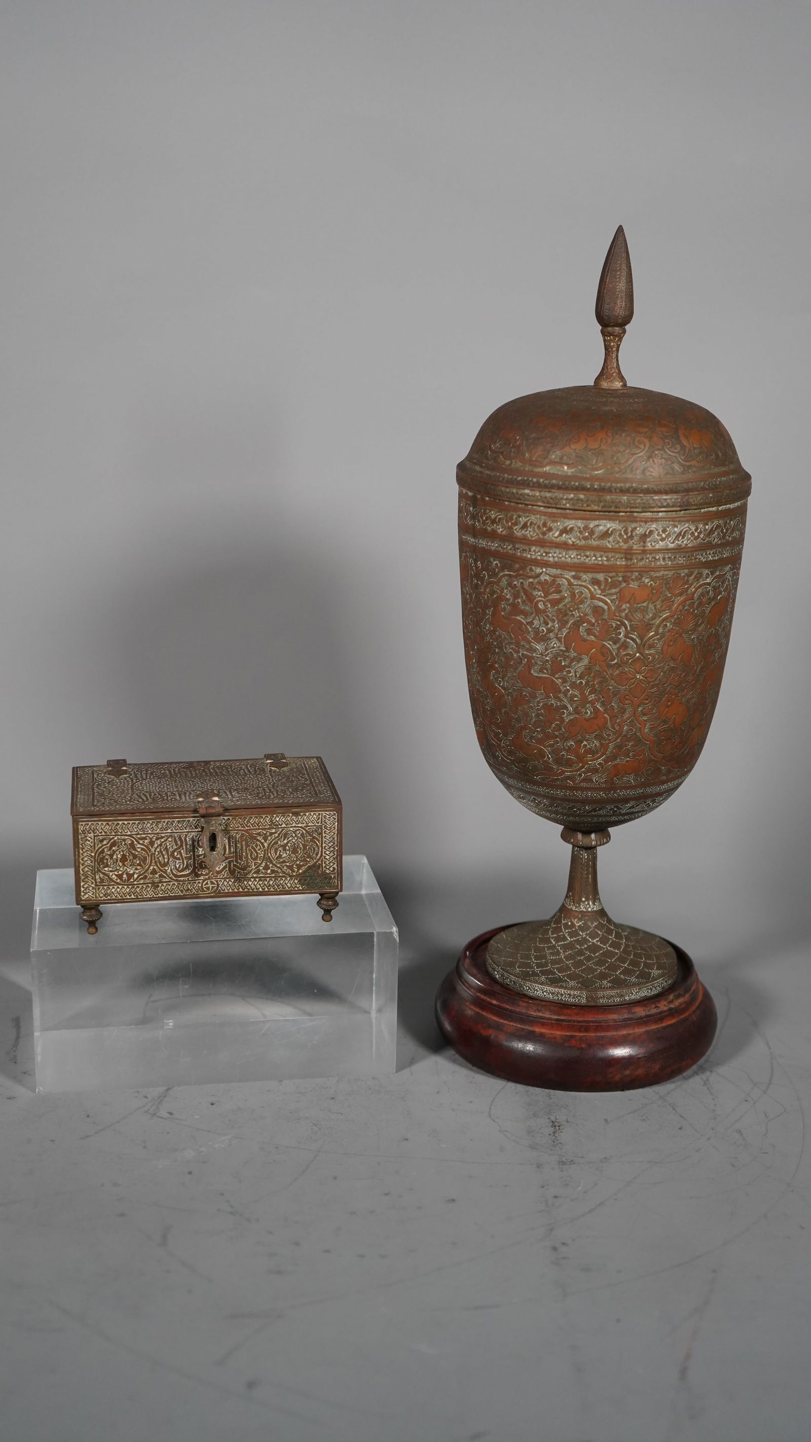 Two 19th Century Antique Persian Engraved Brass Lidded Urn & Lockable Jewelry Box (1 of 6)