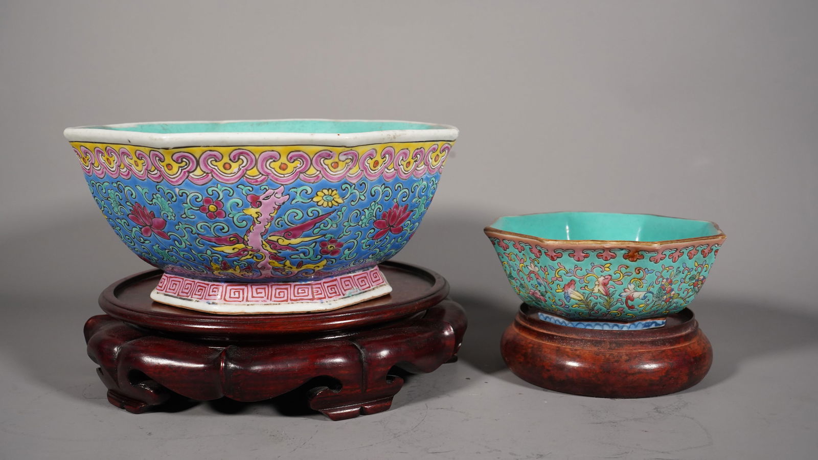 Two Antique Chinese Famille Rose Ceramic Octagon Footed Bowls (1 of 6)
