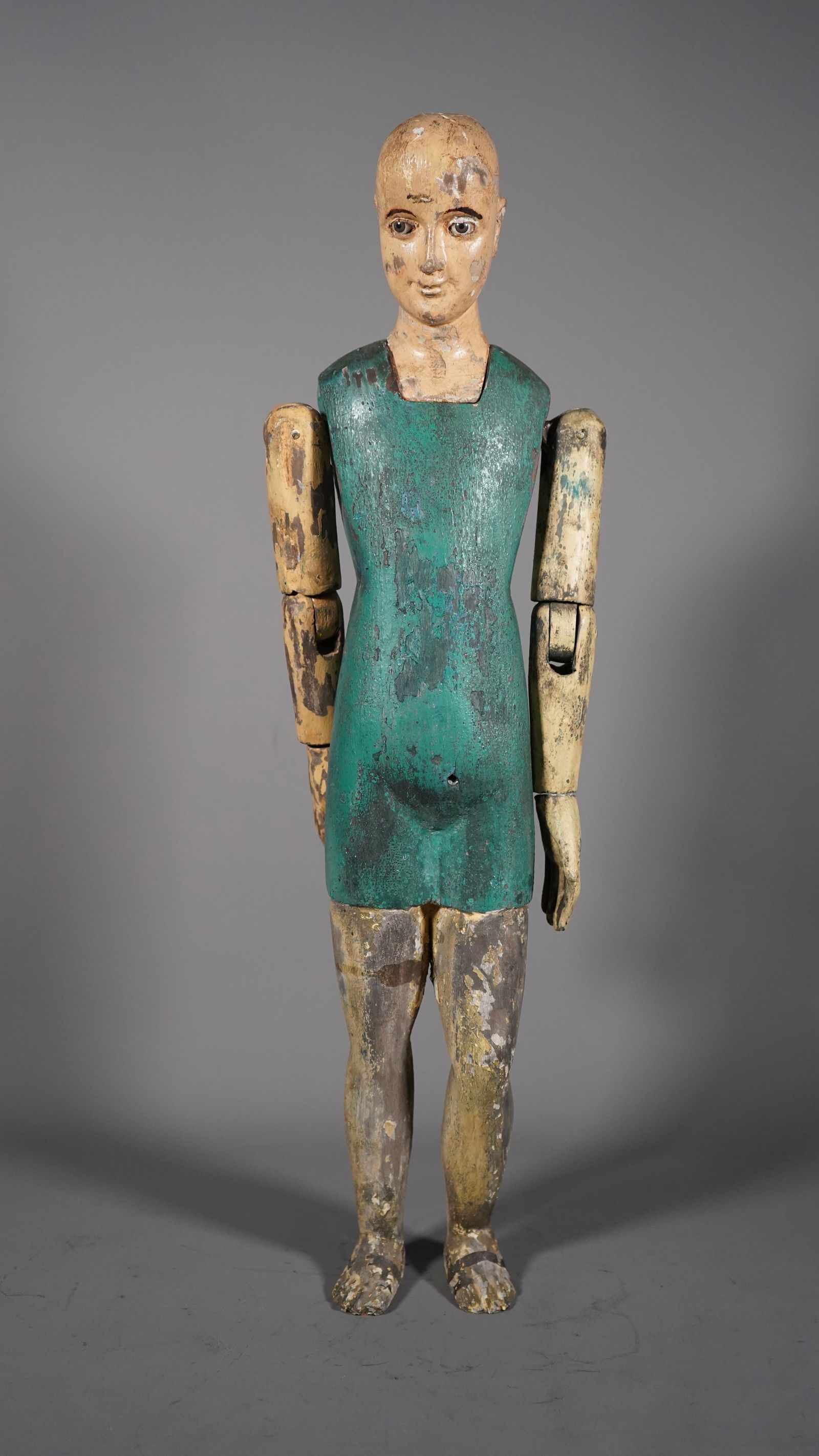 Rare Tall Antique 18th Century Carved & Jointed Wooden Doll with Glass Eye Inlay (1 of 6)