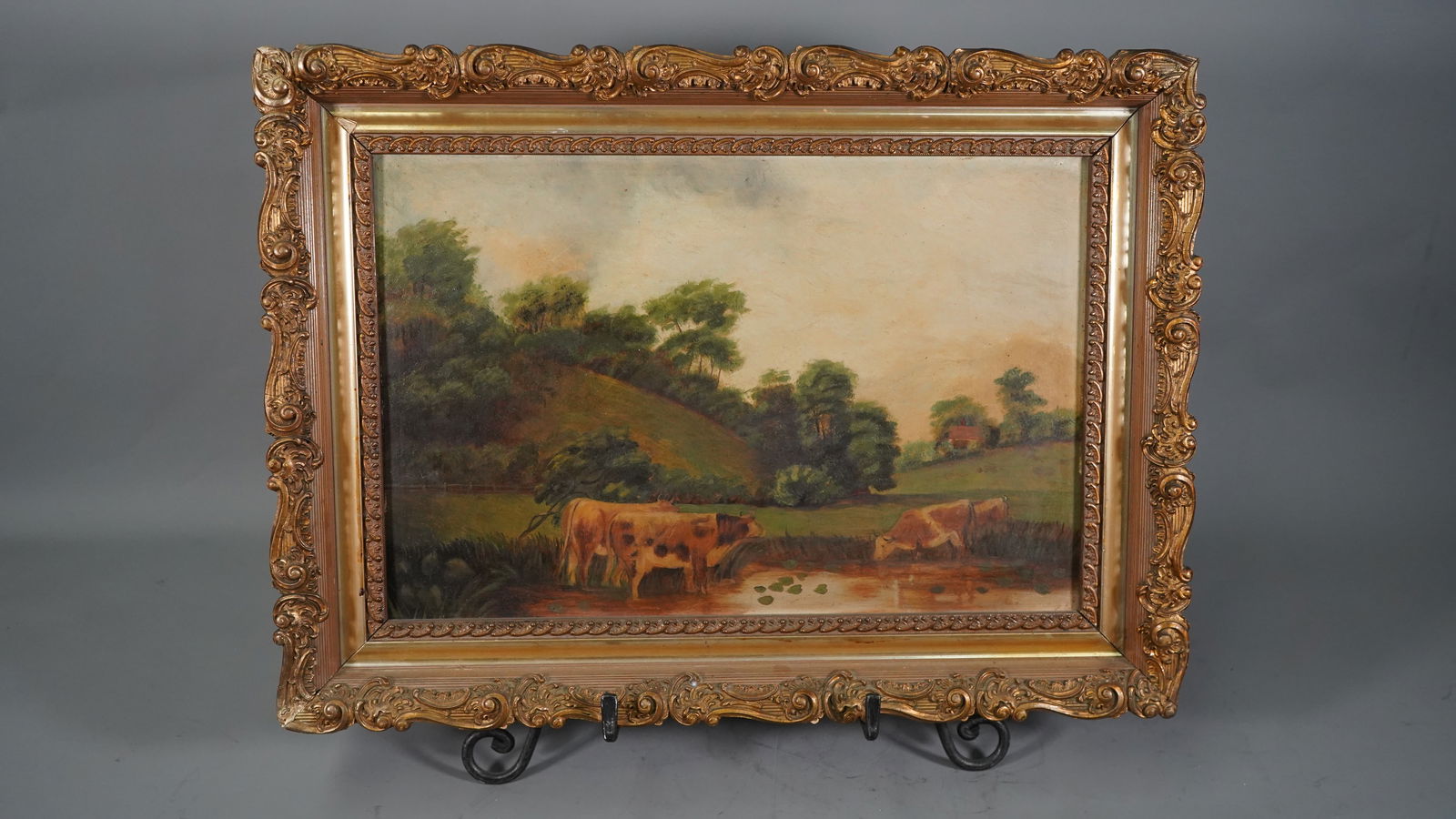 Antique Countryside Landscape Oil Painting with Cows on Board in Golden Frame, Unsigned (1 of 6)