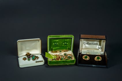 Group of 14 Vintage Personal Accessories Inlaid w/Green Jade Gemstone