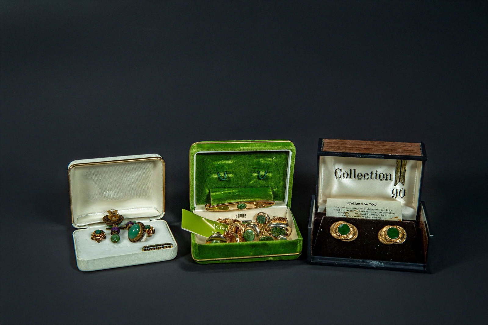 Group of 14 Vintage Personal Accessories Inlaid w/Green Jade Gemstone