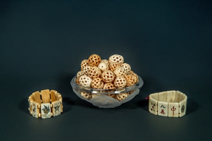 Two Vintage Mahjong Bone Pieces Made Bracelets & 54pcs Bone Carved Round Beads