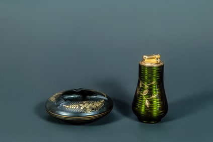 Vintage Colibri Green Enamel Etched Kreisler Table Lighter &  Black Copper Metal Ashtray w/Silver