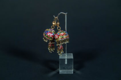 Pair of Vintage Persian 14K Gold & Pearl Enamel Bell Earrings