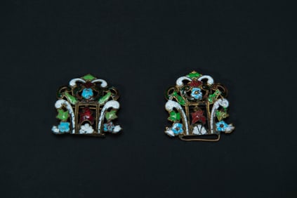 Pair of Antique Victorian French Gold Gilt Cloisonne Enamel Belt Buckles