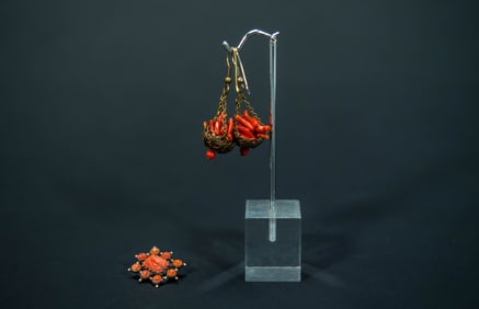 Lovely Vintage Victorian Filigree Branch Coral Dangle Earrings & Sterling Silver Coral Brooch