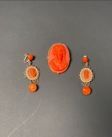 Beautiful Antique Victorian Filigree 12K GF Carved Coral Earrings & Bone & Red Coral Like Brooch