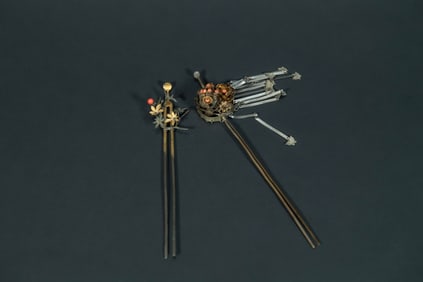 Two Rare Precious Antique Asian Meatal Carved Gold Gilt Floral Hair Sticks with Small Coral Beads