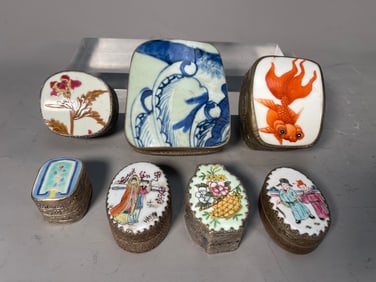 Group of 7 Antique Chinese Porcelain Shard & Silver(?) Made Pill & Trinket Boxes
