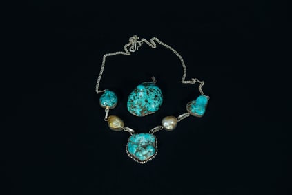Set of 2 Vintage Navajo Sterling Silver Turquoise & Shell Necklace & Large Silver Turquoise Pendant