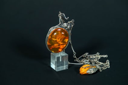 Two Unique Vintage Sterling Silver Necklace w/ Natual Amber Pendants.