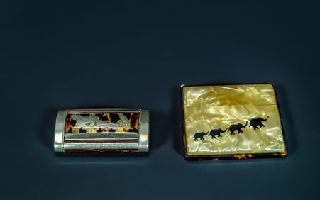 Two Vintage Snuff Box & Lady's Cigarette Case with Turtle Shell Carving Inlay
