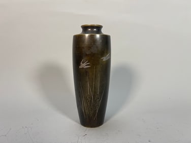 Antique Japanese Meiji Period Copper Mixed Metal Vase with Silver Inlay