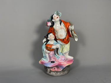 Finely Vintage Chinese Famille Rose Porcelain Twin Immortals Figurine Sculpture