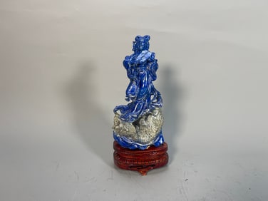 Vintage Chinese Hand-Carved Lapis Lazuli Kuanyin Figure Statue w/Wooden Stand